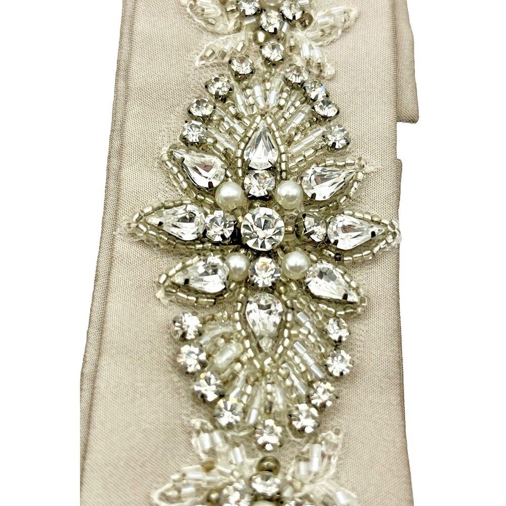 Beaded Belt for Bridal Dress Grey Silver Crystals Lace 2" wide by 32" long